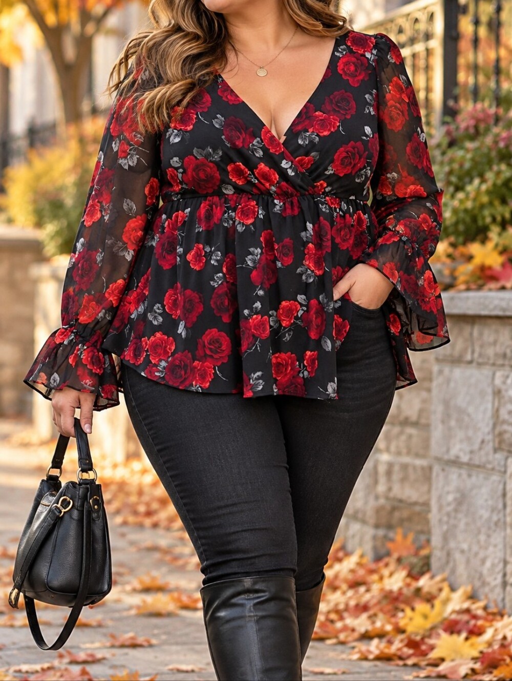 Torrid Plus Size Black Red Rose Floral Peplum Blouse Romantic Goth Stretch